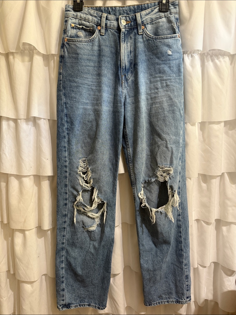 Women's High Waist Loose Straight-Leg Distressed Light Blue Jeans